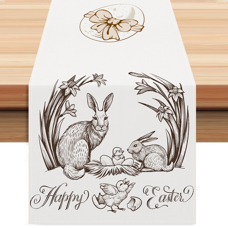 新款复活节兔子印花桌旗节日厨房餐桌装饰台布垫茶旗跨境亚麻桌布