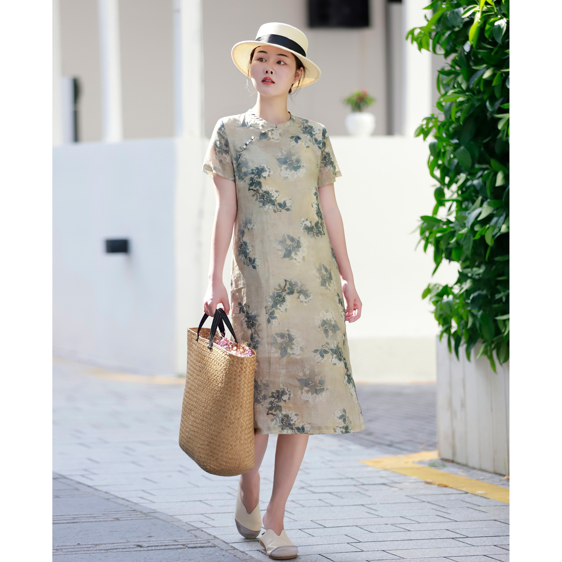 原创改良复古国风棉麻女装夏季新款短袖苎麻印花修身减龄女士旗袍