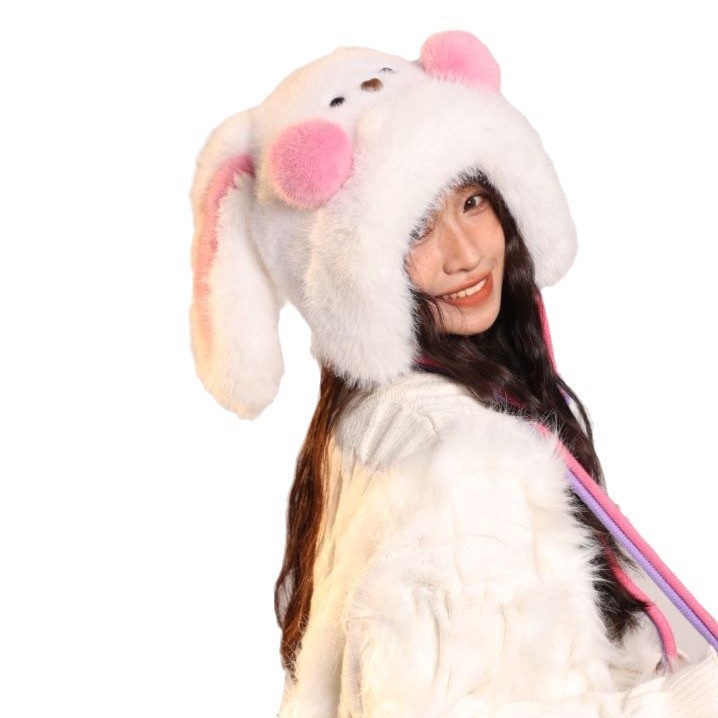 Brand [Sondona] 2025 New Cute Blush Long-Eared Rabbit Plush Hat For Adults And Children, Winter Warmth, Ear Protection, Fleece And Thickening, Cold-Proof Lei Feng Hat, Atmosphere, Face-Making, Versatile Design Y2k Item Picture