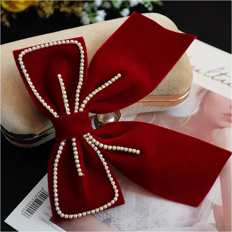 New Vintage Toasting Headwear Bridal Red Premium Velvet Bow Hairpin Net Red Hair Accessories Specification drawing