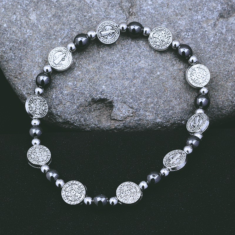 Europe And The United States Cross-Border Foreign Trade Temu Hot Selling Retro Cross St. Benedict Black Gallstone Elastic Bejeweled Bracelet Men And Women's Baptism Bracelet Couple Gift Manufacturers Wholesale details Picture
