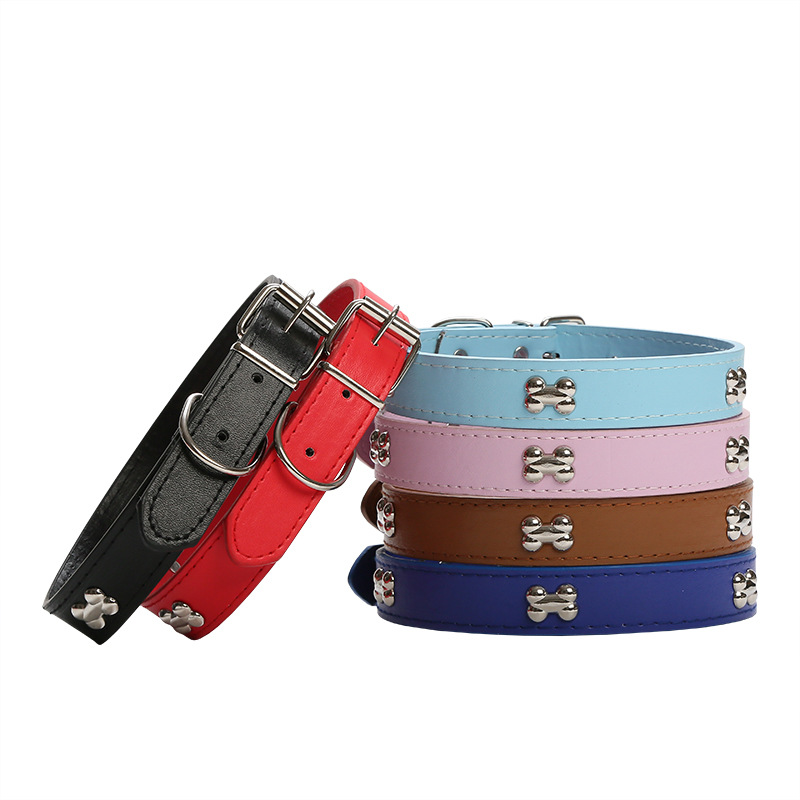 Manufacturers Wholesale Spot Pu Skin Dog Collar Large And Medium-Sized Pet Supplies Bone Accessories Collar Multi-Color Pet Collar Item Picture
