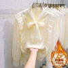 Long-sleeved, fleece and thickened lace base layer top for women's autumn and winter, Korean style, fashionable and stylish with a tie and bow chiffon top details Picture