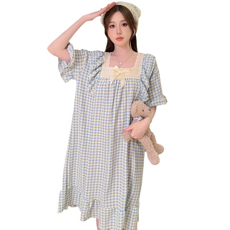 Cross-border pajama women summer new Korean version of princess wind bubble cotton short-sleeved sleeping dress loose plus fat code home wear Item Picture