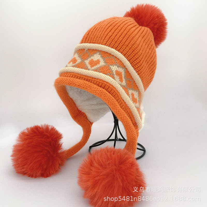 Autumn And Winter New Warm Knit Hat Women With Bib Hairball Cycling Windproof Korean Jacquard Striped Woolen Hat In Stock details Picture