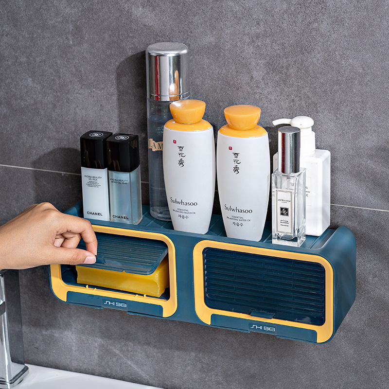 Household Shutters Soap Box Perforation-Free Wall Mounted Double-Row Drain Box Storage Rack Multi-Functional Small Storage Box