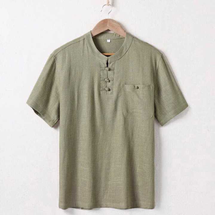 New summer linen short-sleeved T-shirts for middle-aged and elderly men, large-sized cotton and linen T-shirts for men, Chinese-style dad's top