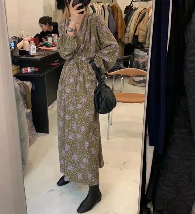 2023 Spring New South Korea Dongdaemun Vintage Light Flower Strap Shou Waist Long Sleeve V-Neck Dress Specification drawing
