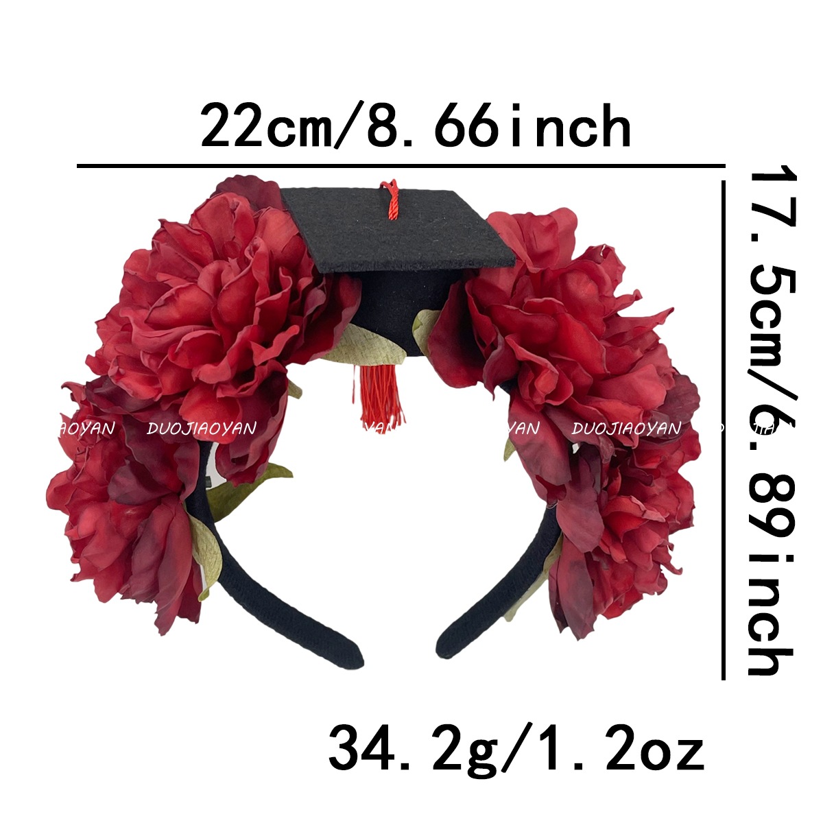 The new and charming flower headband exudes a sense of high-end graduation season accessories. It features a simulated flower headband and a high top of the head Item Picture