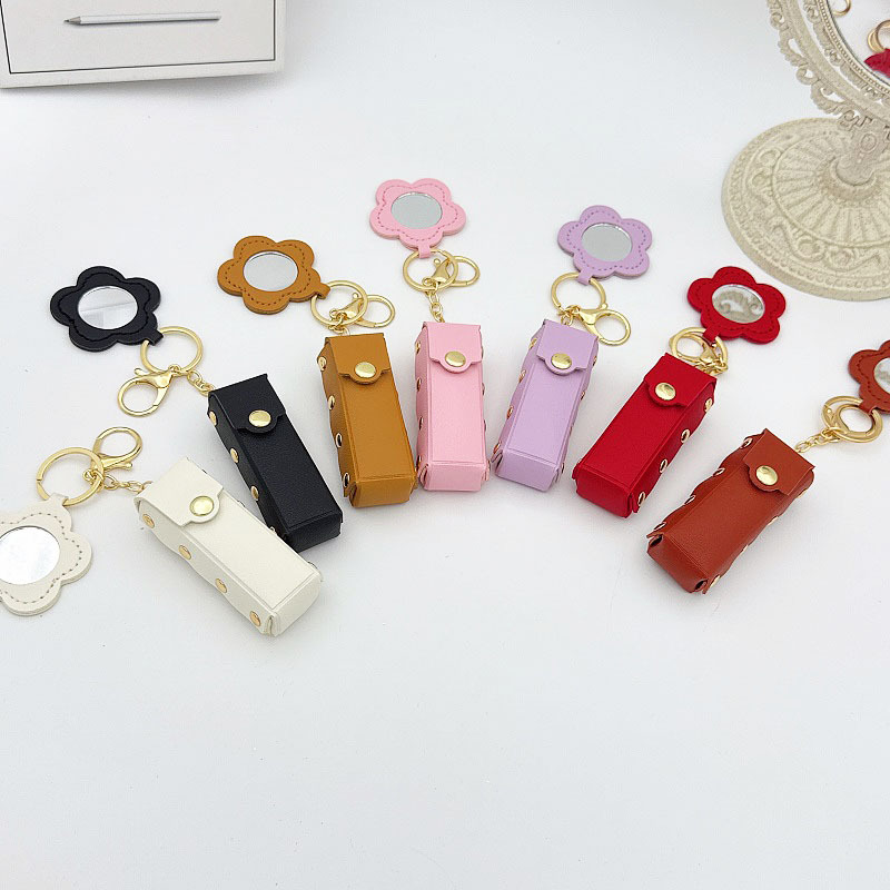 花朵小镜子钥匙扣创意跨境便携迷你皮革口红包现货钥匙包包挂饰款