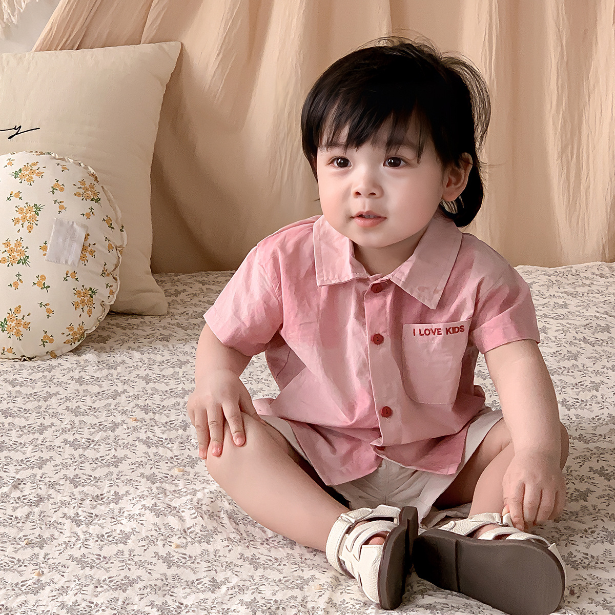 Korean-style baby clothes for summer, baby boy shirt set, summer boys' pink shirt and shorts two-piece set, thin cotton Specification image