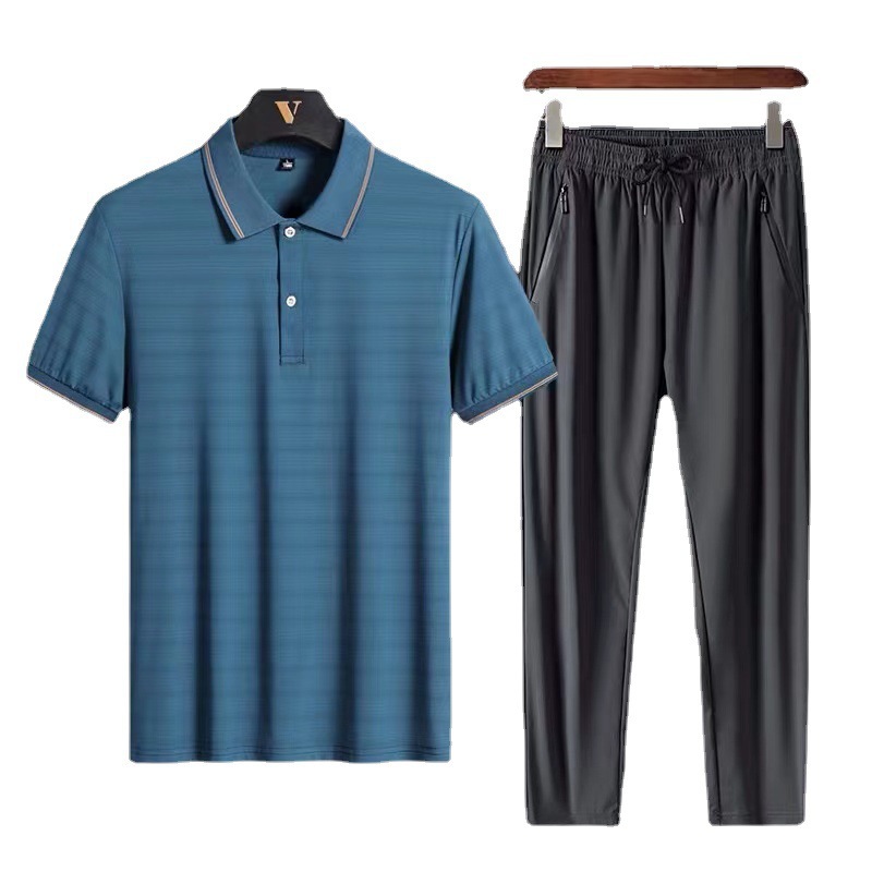 Men's summer solid-color short-sleeved POLO shirt, loose men's casual set, straight-leg sporty casual men's long pants Item Picture