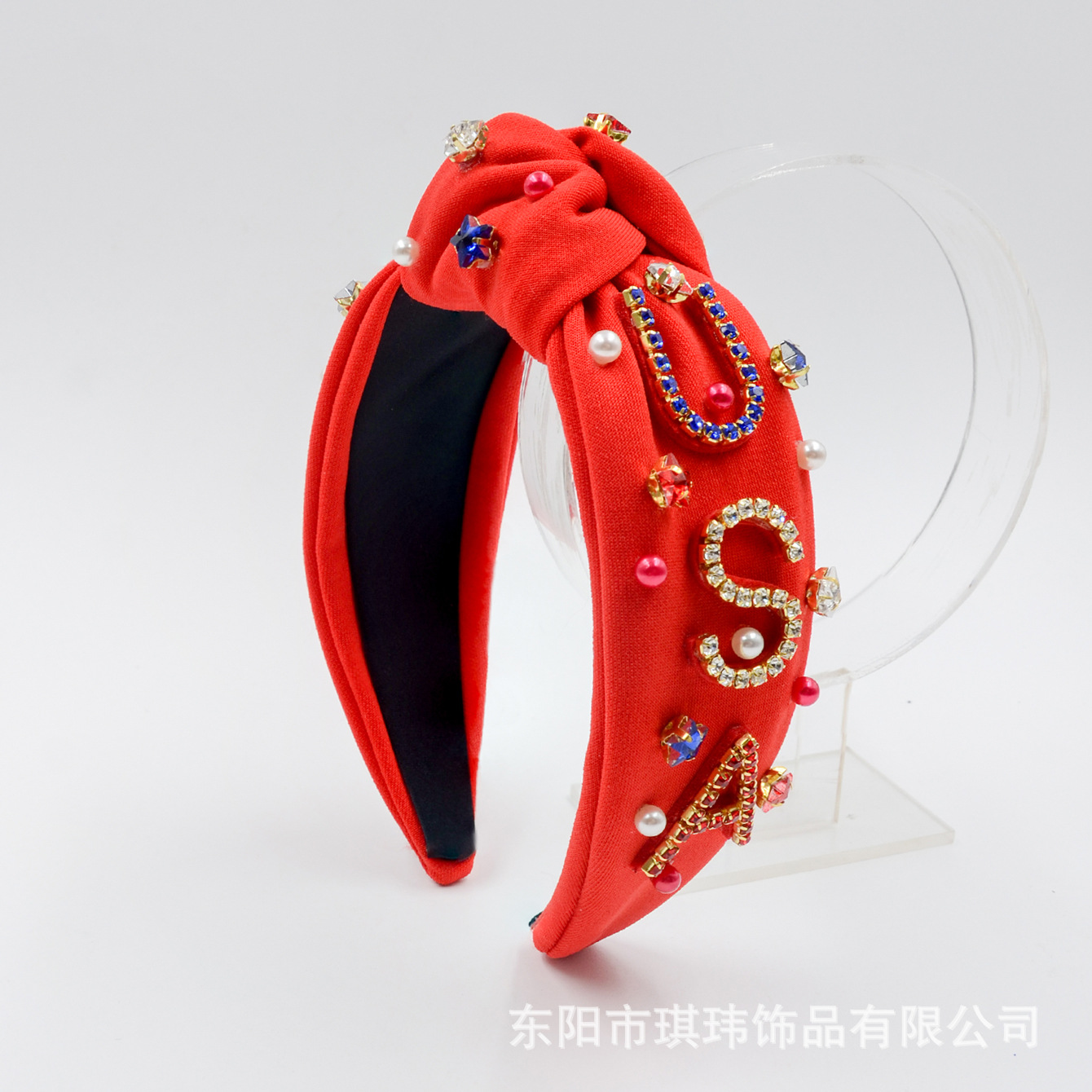 Qiwei Accessories' exclusive cross-border new Independence Day hair band fabric knot with pearl diamond USA letter accessories wide edge custom hair accessory details Picture