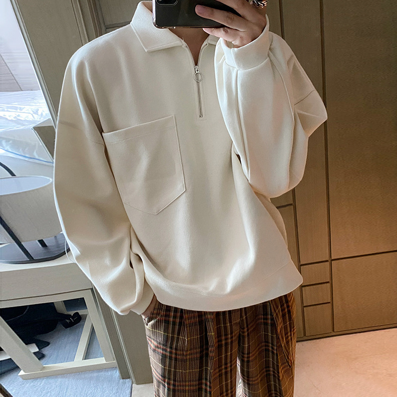 Lapel hoodie, men's polo shirt, spring and autumn Korean men's loose long-sleeved top, ins trendy brand coat details Picture