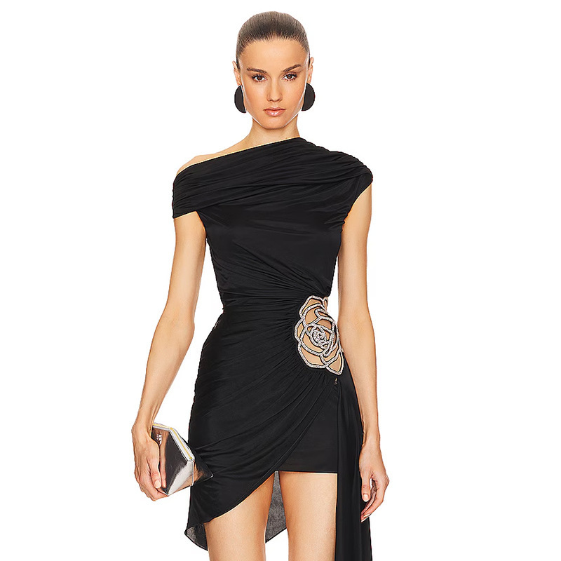 御姐风女装2025春夏斜肩花朵高品质大牌Elegant连衣裙派对小礼服