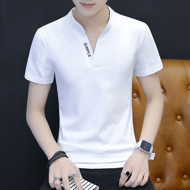 Summer men's V-neck short-sleeved T-shirt, ice-feel elastic base layer, solid color, simple and slim European and American style, small stand-up collar, versatile T-shirt Application Scenario
