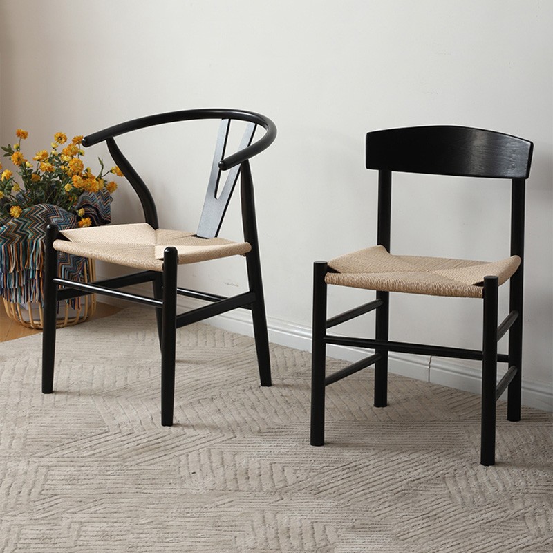 Nordic white oak solid wood dining chairs, tea house retro casual backrest, Chinese rope-woven circle chairs, Japanese cowhide and hemp rope chairs Item Picture