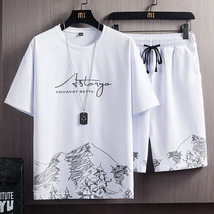 短袖T恤套装男夏季新款雪山印花时尚潮流韩版修身大码运动两件套 短袖T恤