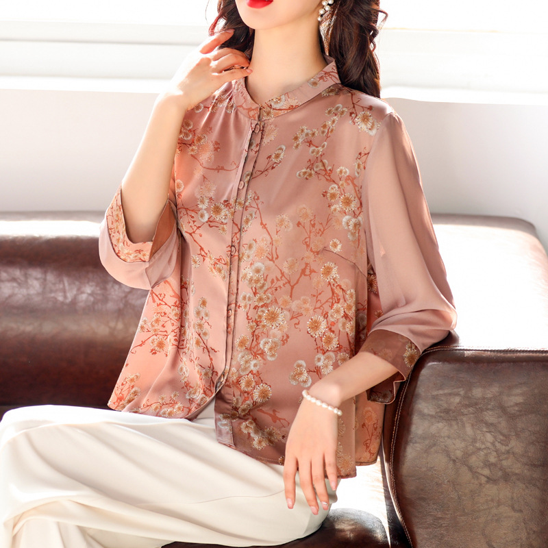 50岁妈妈夏装长袖真丝衬衫老人洋气上衣服中老年女春装桑蚕丝衬衣