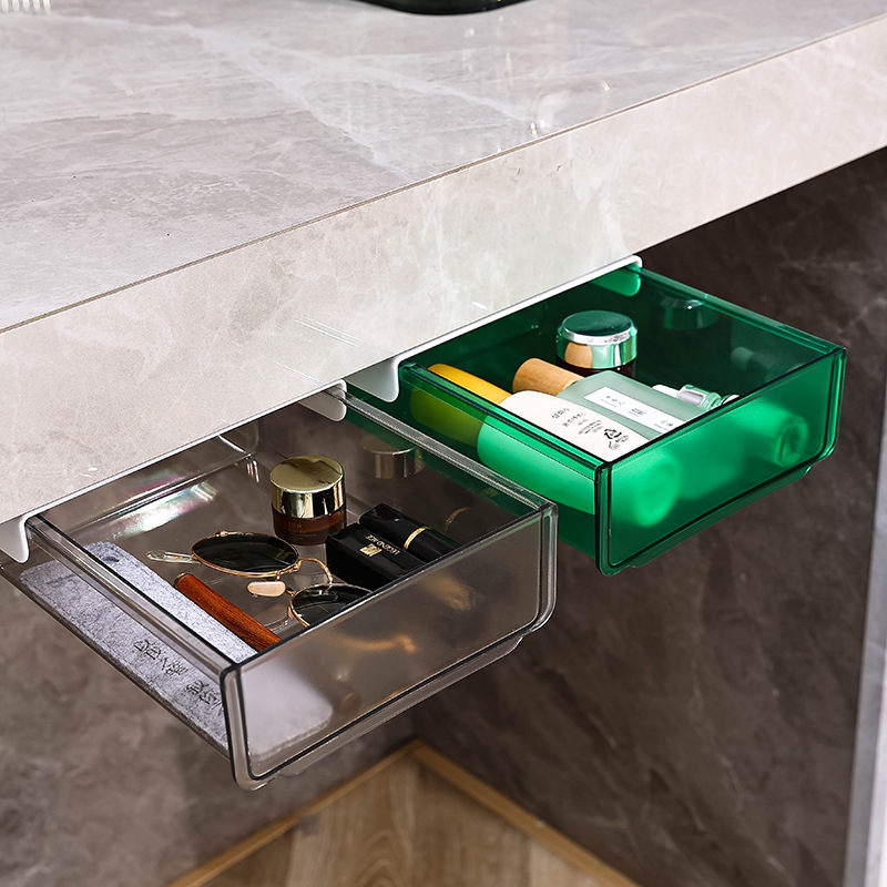 Transparent drawer-type storage box under the desk, office and dormitory stationery organization box, desk bottom storage rack, invisible adhesive storage