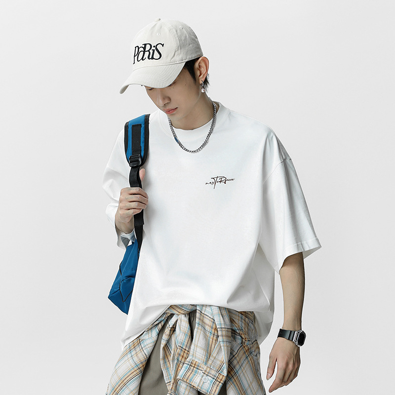 National trend retro pure cotton short-sleeved T-shirt for men, summer style American letter print half-sleeved trendy brand loose couple shirt Specification image
