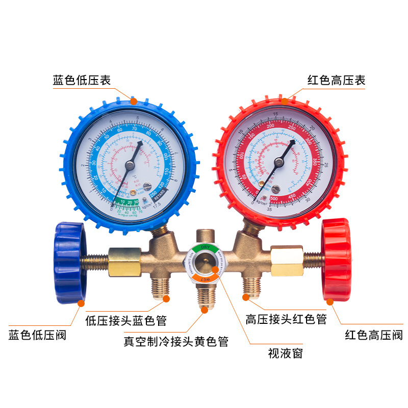 R134a refrigerant car fluorine gauge Refrigerant pressure gauge Refrigerant double gauge valve air conditioner fluorine tool set details Picture
