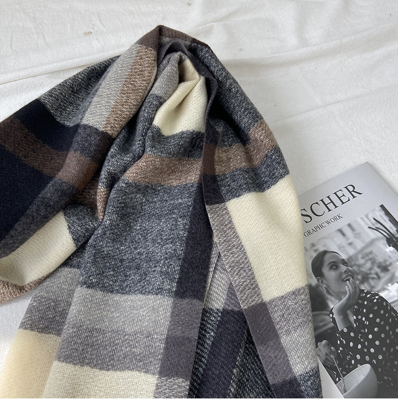 格子围巾女秋冬新款韩版高级感长款学生情侣披肩保暖加厚流苏围脖详情5