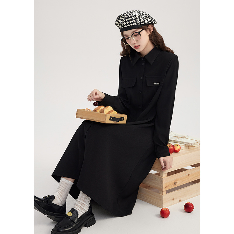 Factory direct sale 2023 Summer New Style stylish black simple waist-cinching slimming long-sleeved dress HUA3303 Specification image