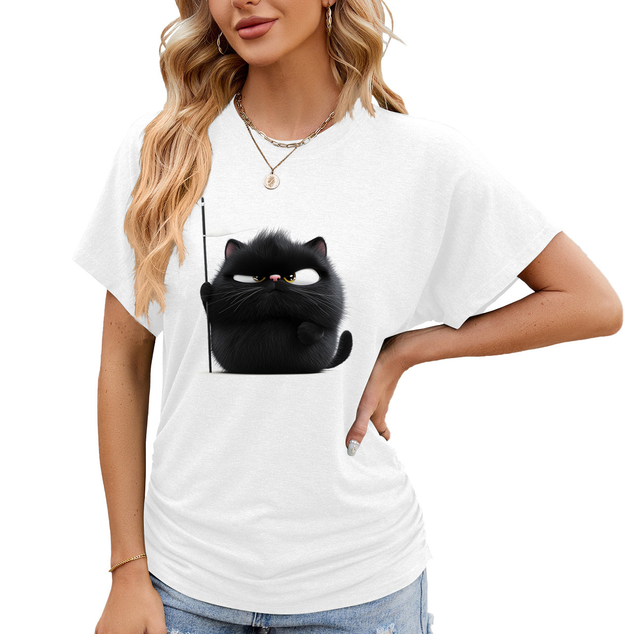 A custom-printed cartoon black cat fashion women's T-shirt for the 2025 European and American cross-border summer, a personalized outdoor T-shirt for women details Picture