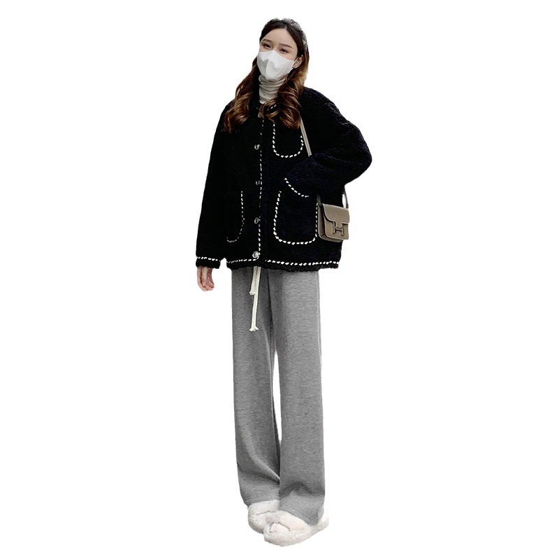 Milk Shake Glutinous Rice Wide Leg Pants Women's Cashmere Strip Autumn And Winter Thin High Waist Gentle Soft Waxy Vertical Casual Pants For Walking Item Picture
