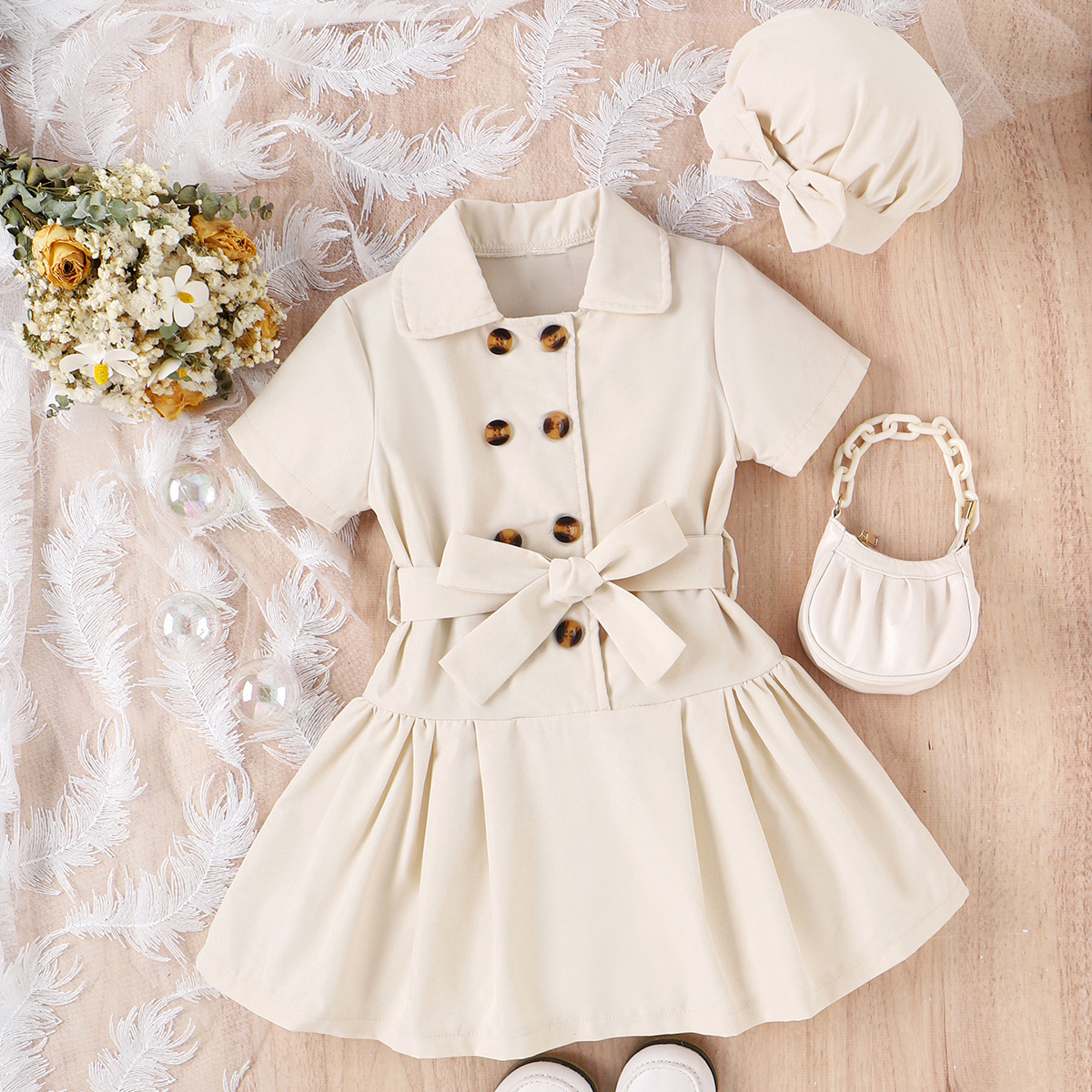 2023 summer new European and American wind children solid color lapel cardigan double-breasted dress hat set full figure