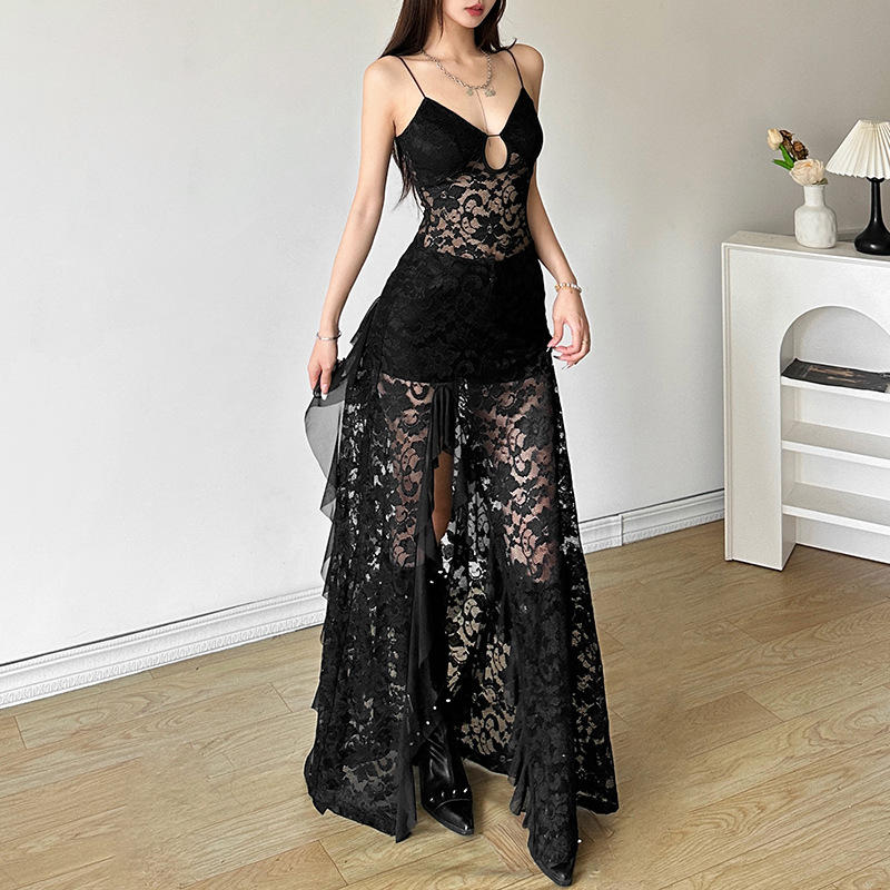 2026 Cross-border European and American style Summer new women's clothing solid color slimming high-waisted fashionable V-neck halter mesh dress full figure
