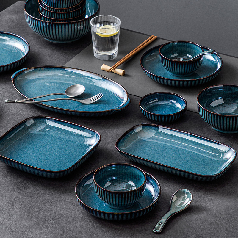 名流蓝色窑变餐具日式复古陶瓷浅盘饭碗汤碗家用菜盘面盘套装详情图2