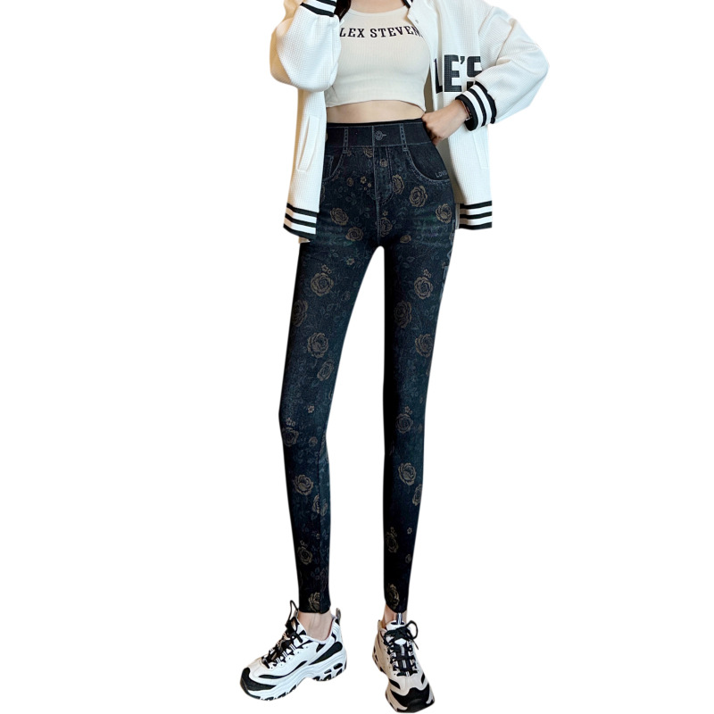 Spring imitation jeans for women, tight stretch high-waisted pants that look petite, Korean-style versatile 9-inch pants, leggings for women Item Picture
