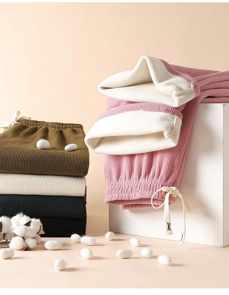 H506加绒阔腿裤女秋冬高腰垂感宽松显瘦灯芯绒直筒拖地白色休闲裤详情14