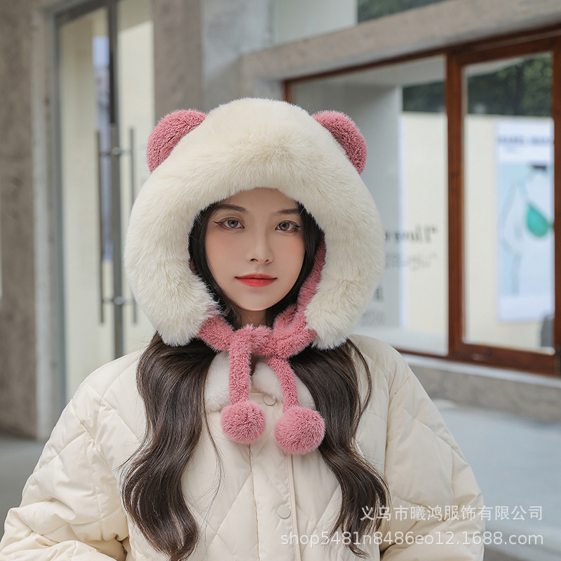 Winter Warm Cute Bear Ears Plush Hat Female Thickened Outdoor Cycling Winter Ski Hat Manufacturers Direct Sales Specification drawing