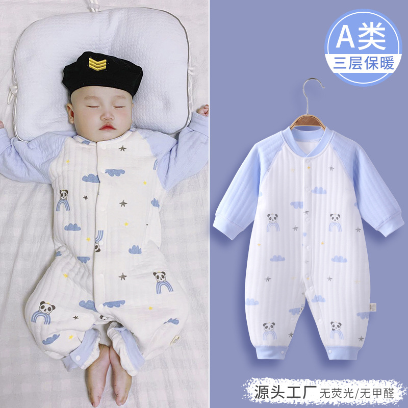 Baby one-piece suits for spring and autumn, three-layer cotton-padded newborn clothes wholesale, baby autumn clothes, Ha clothes, crawl clothes, women's autumn clothes