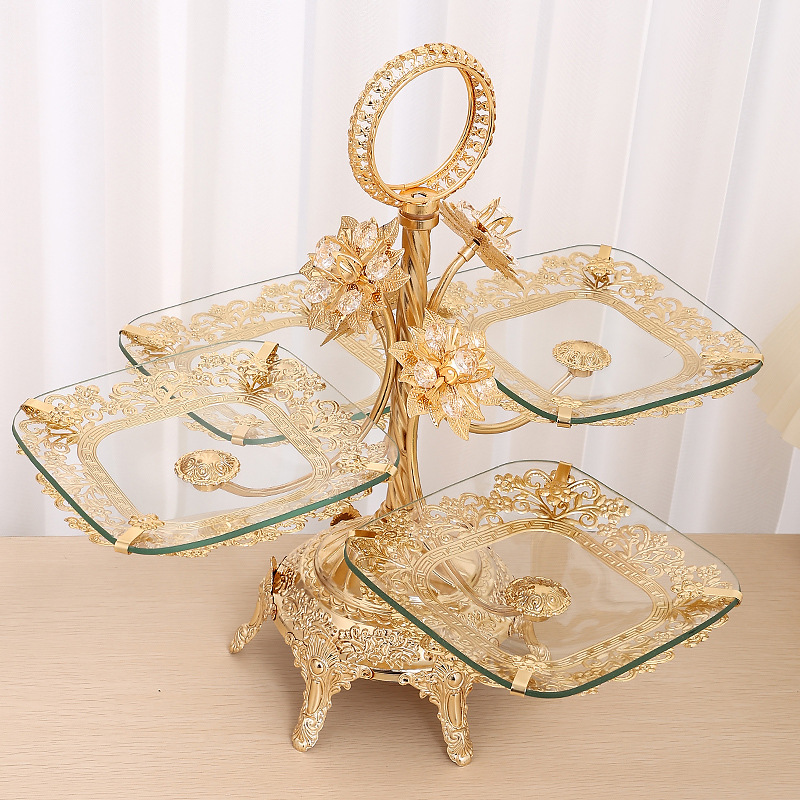 European-style ironwork glass fruit plate, high-end creative coffee table for home living room, snack and dried fruit display plate, dessert stand