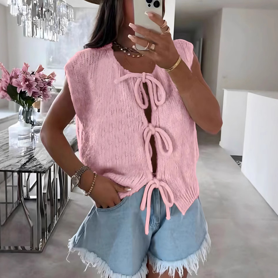 Lace-up knitted vest cardigan 2025 Summer cross-border bestseller Amazon new solid-color vest sleeveless sweater for women