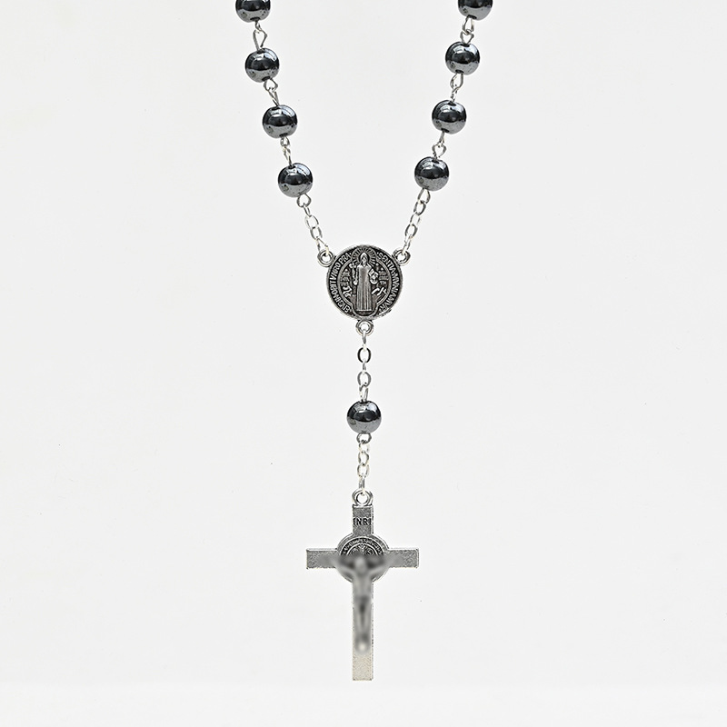European And American Foreign Trade Cross-Border Sales Of Cross Necklaces New Black Gall Stone Rosary Curved Needle Bracelet Alloy Cross Pendant Cross Jewelry Manufacturers Wholesale Item Picture