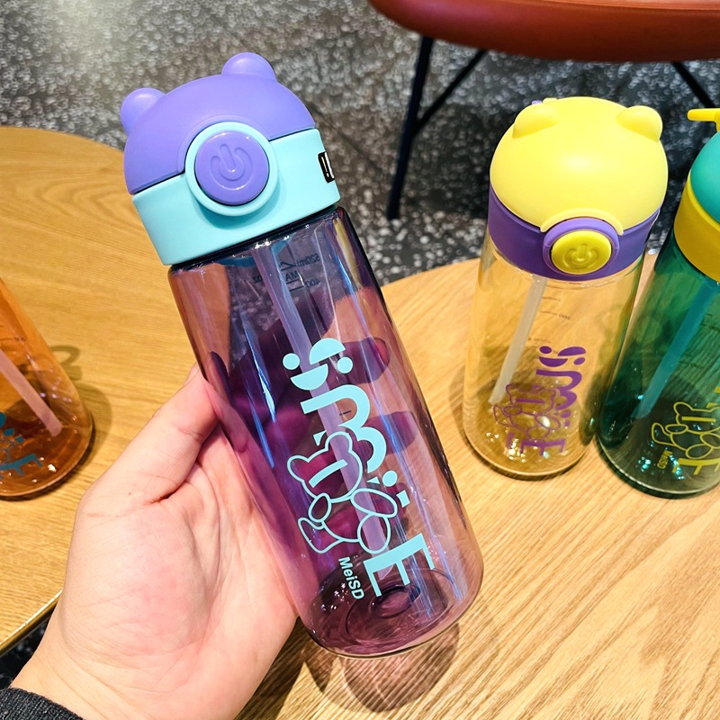 2024 New children's water cups, baby straw cups, anti-drop plastic water bottles for kindergartens and primary school students, cartoon water-absorbing cups