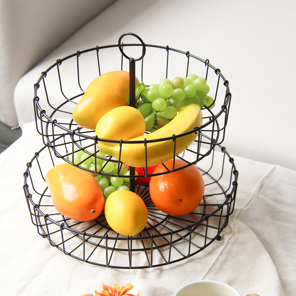 跨境北欧铁艺果篮家用零食果盘fruit basket 摆件ins风双层托盘