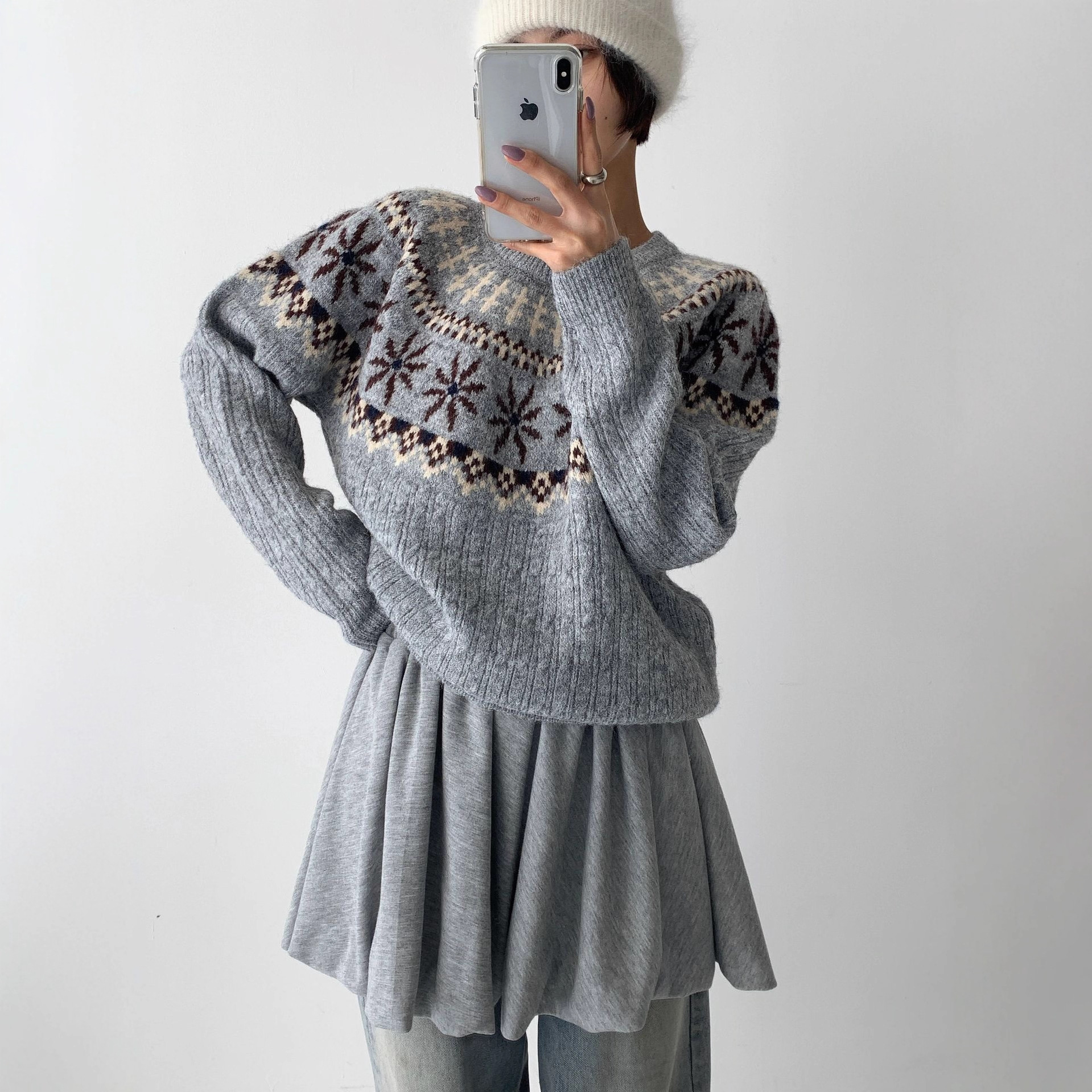 爆款费尔岛复古提花羊毛混纺毛衣女宽松休闲针织衫2025秋冬新款