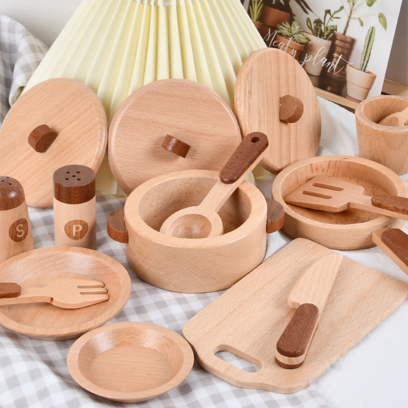 Children wood-colored fruits and vegetables cut see simulation family cut kitchen utensils vegetables and fruits cognitive wooden toys