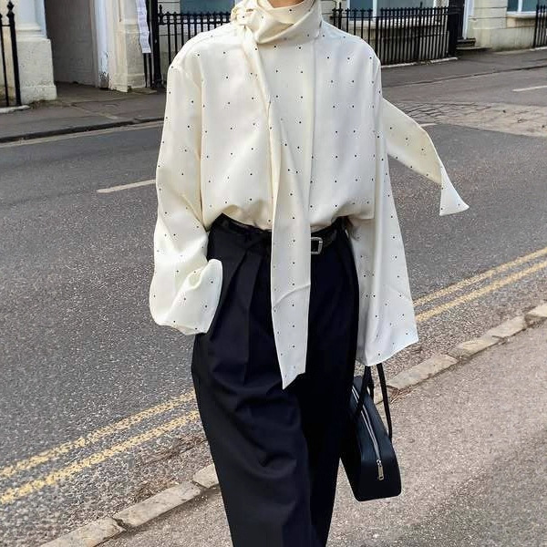 跨境女装新款法式飘带波点衬衫女宽松欧美风通勤长袖上衣女批发