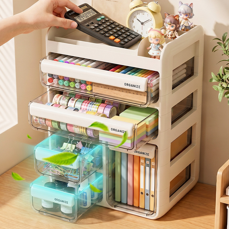 Student desktop multi-compartment drawer-type storage box, office workstation marker pen, planner stationery, large-capacity transparent storage Application Scenario