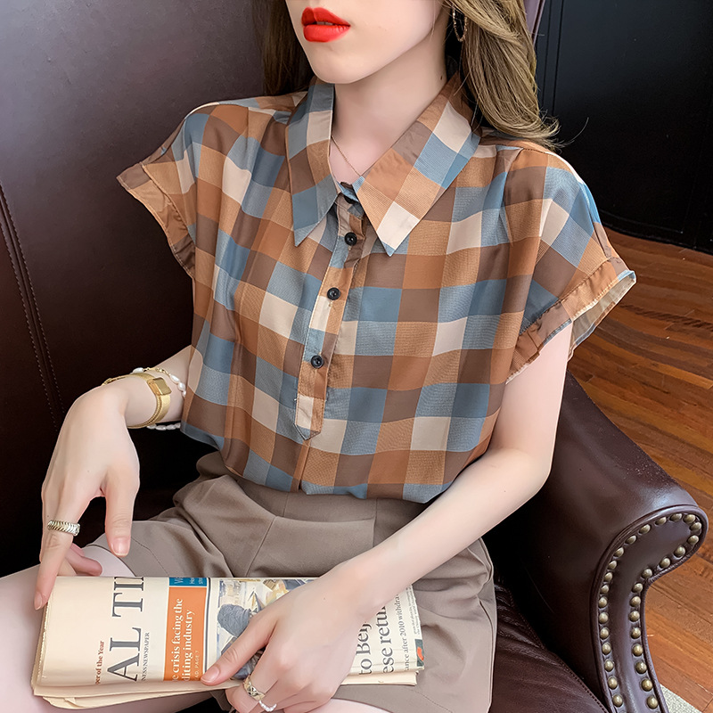 实拍年夏季新款韩版印花时尚潮流格子短袖蕾丝拼接衬衫