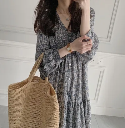 South Korea Dongdaemun 2023 Spring New French Flower Flower Long Sleeve Hepburn Style Ruffled Long Dress