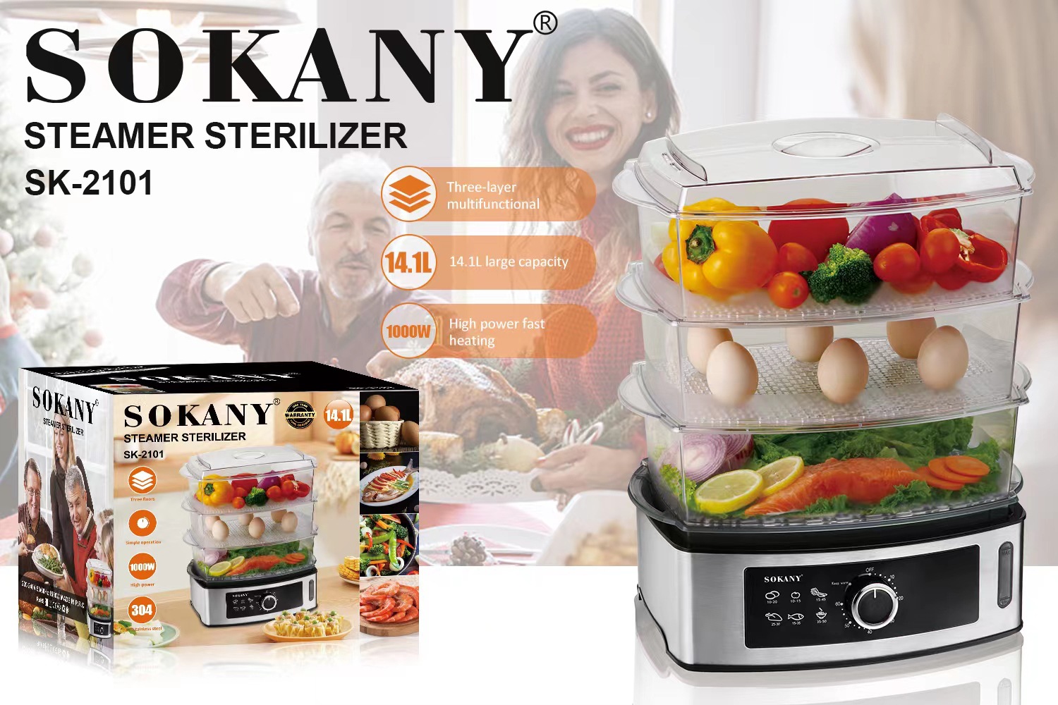 Cross-border Sokany2101 household three-layer steamer multi-functional 14.1L capacity electric steamer for complementary food nutrition details Picture