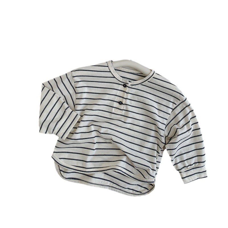 Simple and versatile striped T-shirt for 2024 autumn, Japanese-style top for boys and Korean-style long-sleeved T-shirt for girls and babies, trendy Item Picture